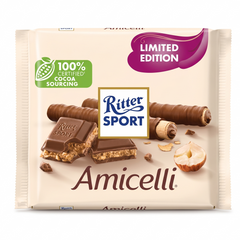 Шоколад молочний Ritter Sport Amicelli з кремом з лісового горіха та шматочками вафлі 100г 6271601 фото Деліціо фуд